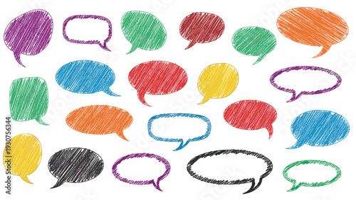 Large collection of colorful hand-drawn speech bubbles in various shapes featuring a sketchy or scribbled texture.