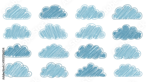 Large set of various blue hand-drawn cloud shapes featuring a sketchy, scribbled texture for sky or weather themes.
