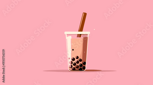 Minimalist vector illustration of bubble tea with tapioca pearls and a straw, on a vibrant pink background. Sweet Asian beverage.