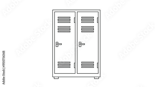 Minimalist black and white outline illustration of a classic two-door metal locker often used in schools or gyms.