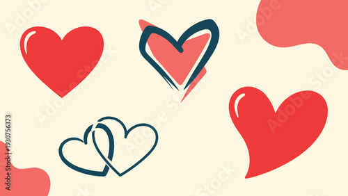 Variety of red and dark blue stylized heart shapes in different artistic styles for romantic and emotional themes.