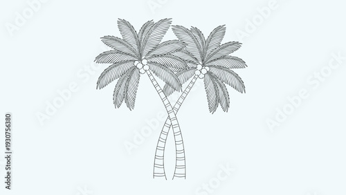 Artistic black and white line drawing of two tropical palm trees with crossed trunks and detailed frond textures.