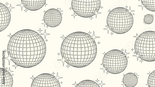 Fun seamless pattern of hand-drawn disco balls and sparkling stars illustrated in a retro black and white sketchy style.