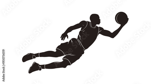 Dynamic male basketball player silhouette jumping with ball, mid-air action graphic illustration, sport and competition concept