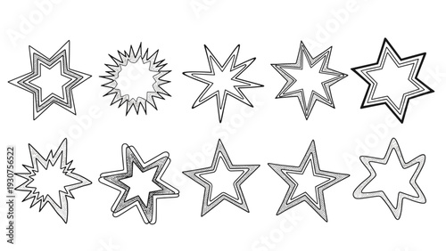 Set of ten different hand drawn black and white star shapes with various line weights and rough stippled textures for design work.