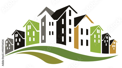 Stylized modern residential community with diverse houses on rolling green hills, an iconic illustration for real estate, urban development, and sustainable living.