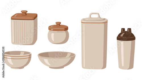 Collection of cream and brown ceramic kitchen storage jars, bowls, and a shaker bottle in a simple hand drawn illustration style.