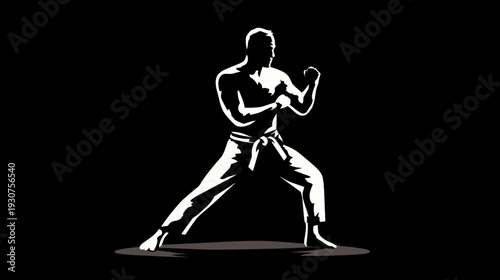 Stylized silhouette of a martial arts fighter in a defensive stance, isolated on a black background. Dynamic combat sport training icon.