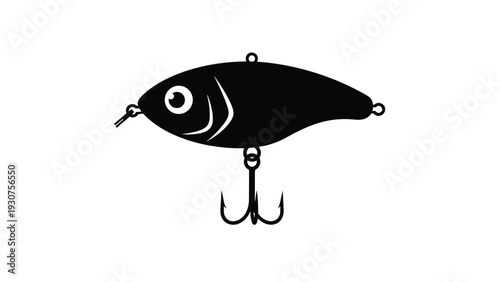 Black silhouette of a wide bodied fish shaped fishing lure with a large eye and a single treble hook on a white background.