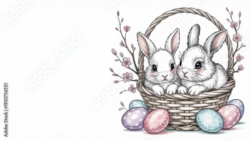 Easter basket with two fluffy bunnies and colorful eggs. A photo with a place to copy it.