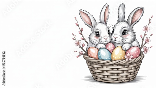 Easter basket with two fluffy bunnies and colorful eggs. A photo with a place to copy it.