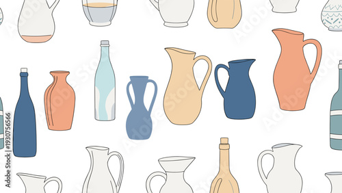 Seamless background pattern of various hand drawn vases, jugs, and bottles in muted tones of blue, cream, and orange on white.