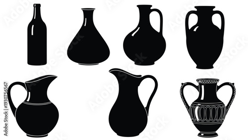 Collection of seven diverse black silhouettes of classic pottery shapes including vases, jugs, and jars in various sizes and styles.