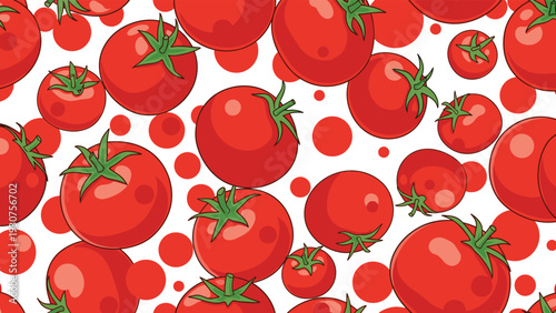 Vibrant seamless pattern of ripe red tomatoes and large red dots on a white background for food and kitchen surface designs.