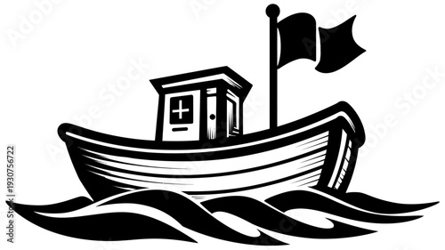 Black and white illustration of a small fishing boat or work boat with a cabin and flag sailing on choppy waves. Nautical vessel for transport.