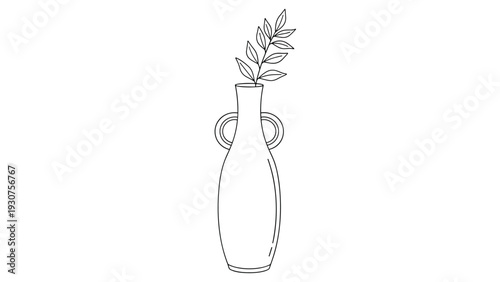 Minimalist black and white line drawing of a leafy branch in a tall handled vase for interior decor and artistic concepts.