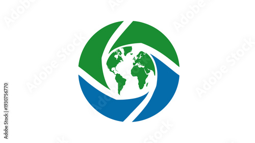 Global earth globe abstract concept with green and blue swirling shapes. Modern world environment, technology, or sustainability icon.