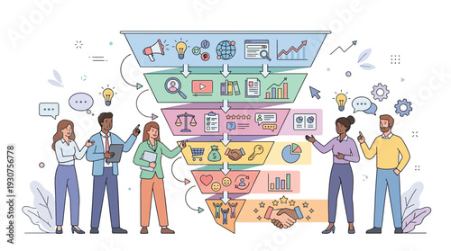 Vector illustration of business people and a man holding a sale sign in a cartoon style