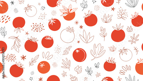 Seamless pattern featuring red tomato icons and simple leaves on a white background for cooking and kitchen themes.