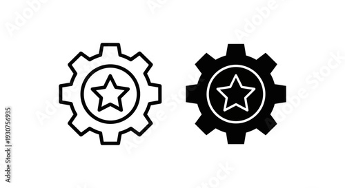 Gear with star icon, symbolizing excellence in mechanics, engineering, innovation, or a quality control process. Outline and solid versions.