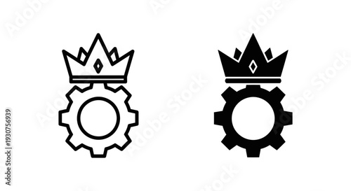Gear with crown icon, representing top quality, royal standard, excellent engineering, or supreme authority in industry. Outline and solid fill.