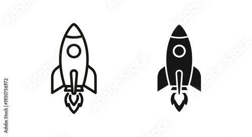 Rocket ship icon, signifying launch, startup, speed, space exploration, or rapid growth. Available in outline and solid fill.