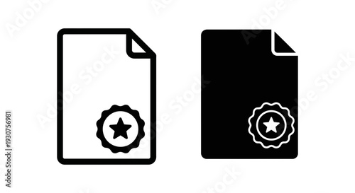 Document icon with star badge, representing a certificate, award, achievement, or verified document. Available in outline and solid fill.