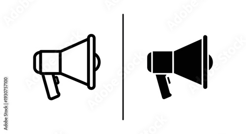 Announcement and communication: Megaphone icons in outline and silhouette represent broadcasting, news, marketing, and public speaking.