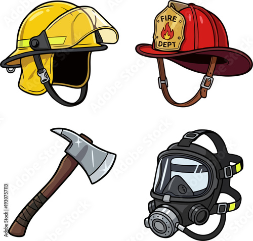Firefighter Equipment Set — Yellow Modern Helmet, Red Classic Fire Dept Helmet, Fire Axe, and SCBA Breathing Mask Cartoon Vector Illustration