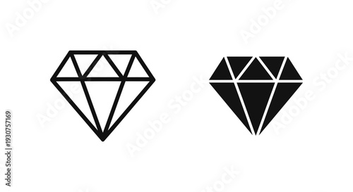 Diamond icon, symbolizing luxury, value, brilliance, perfection, or preciousness. Available in outline and solid fill styles.