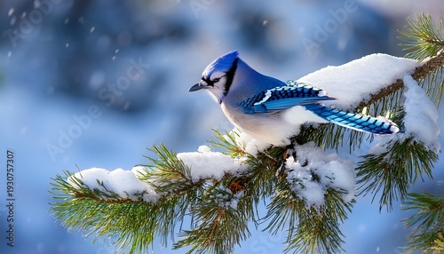 blue jay bird perched on snowy pine branch