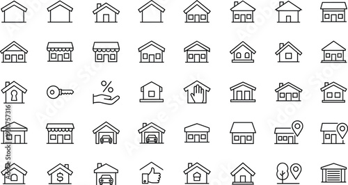 Real Estate and Property Line Icons Set with House, Home Loan, Mortgage, Rent, Location Pin and Residential Building Concepts