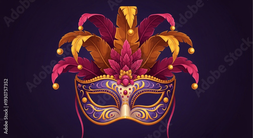 Ornate Venetian Masquerade Mask with Jester Hat and Feathers.