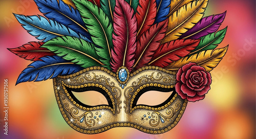 Ornate Venetian Masquerade Mask with Colorful Feathers and Rose.