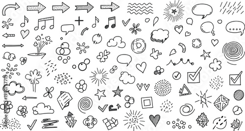 Hand Drawn Doodle Elements Mega Set with Arrows Clouds Hearts Stars Speech Bubbles Checkmarks Music Notes and Abstract Shapes Vector Illustration