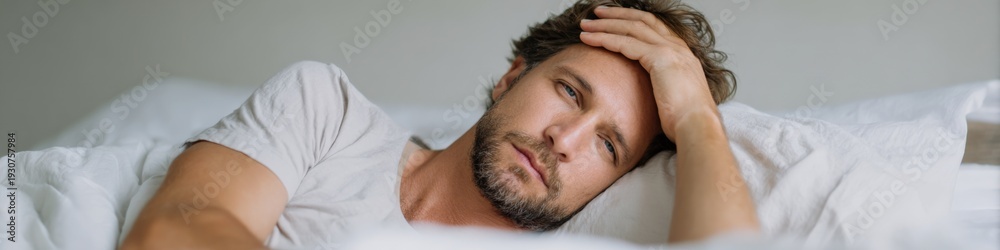 Fototapeta premium Tired caucasian male adult relaxing in bed with hand on forehead