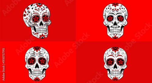 Set of 4 Sugar Skulls Vector Illustrations with Red Floral Eyes