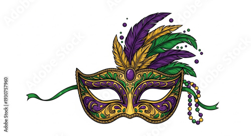 Ornate Mardi Gras Masquerade Mask with Feathers and Beads.