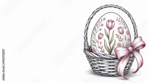 Easter illustration with a place for text: a wicker basket with a large decorative egg decorated with tulips and a lush pink bow.