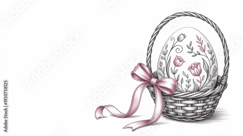 Easter illustration with a place for text: a wicker basket with a large decorative egg decorated with tulips and a lush pink bow.