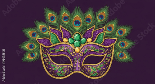 Ornate Peacock Feather Masquerade Mask with Jewels.