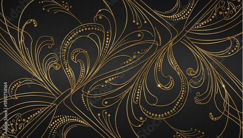 Elegant Gold Swirls and Dots Pattern on Black Background.