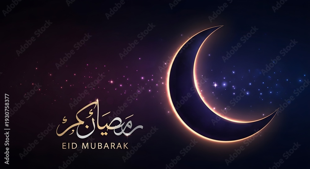 Fototapeta premium Eid ul-Fitr crescent moon with Eid Mubarak Arabic calligraphy glowing cosmic background