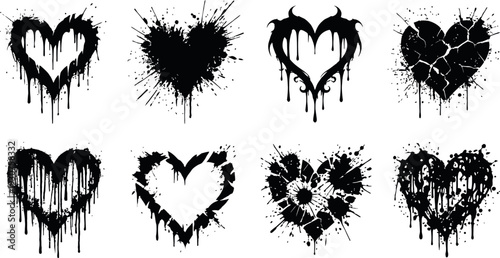 Grunge heart shapes collection, distressed ink splatters with paint drips for gothic and alternative style decorative elements.