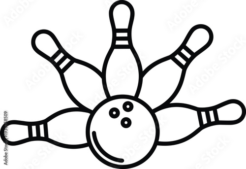 Black and white bowling ball and pins vector illustration, sports strike graphic, game competition icon, recreation activity, hobby, bowling alley.