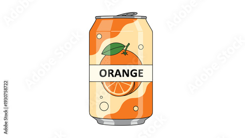 Single aluminum beverage can featuring a bright orange fruit label and sparkling bubbles for soft drink and juice themes on white background.
