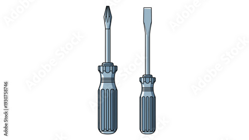 Pair of professional screwdrivers in Phillips and flathead styles with grooved blue handles for manual repair work on a white background.