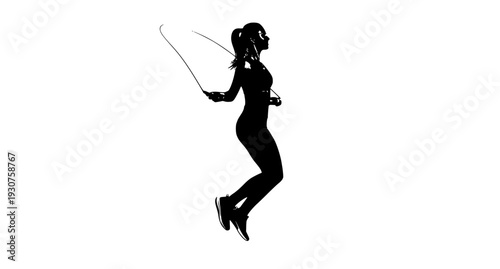 Energetic woman jumping rope fitness workout concept isolated on white with copy space