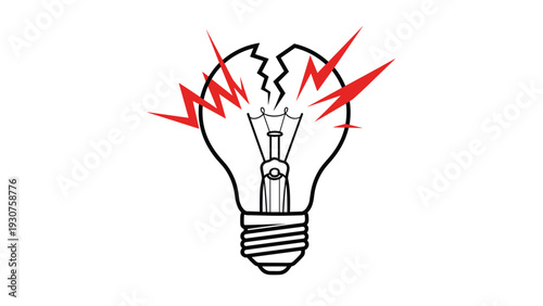 Broken incandescent lightbulb icon with jagged red electric sparks representing an electrical failure or burnout on a white background.