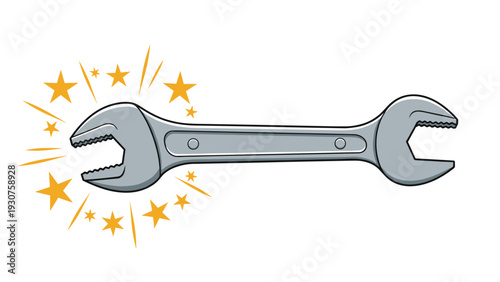 Steel open end wrench with shiny yellow stars around the head represents high quality repair services and professional maintenance standards.